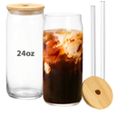 24oz Drinking Glass with Bamboo Lid and Straw, 2 Pack Glass Tumbler for Beer, Iced Coffee, Matcha Cup with 2 Straw Brush