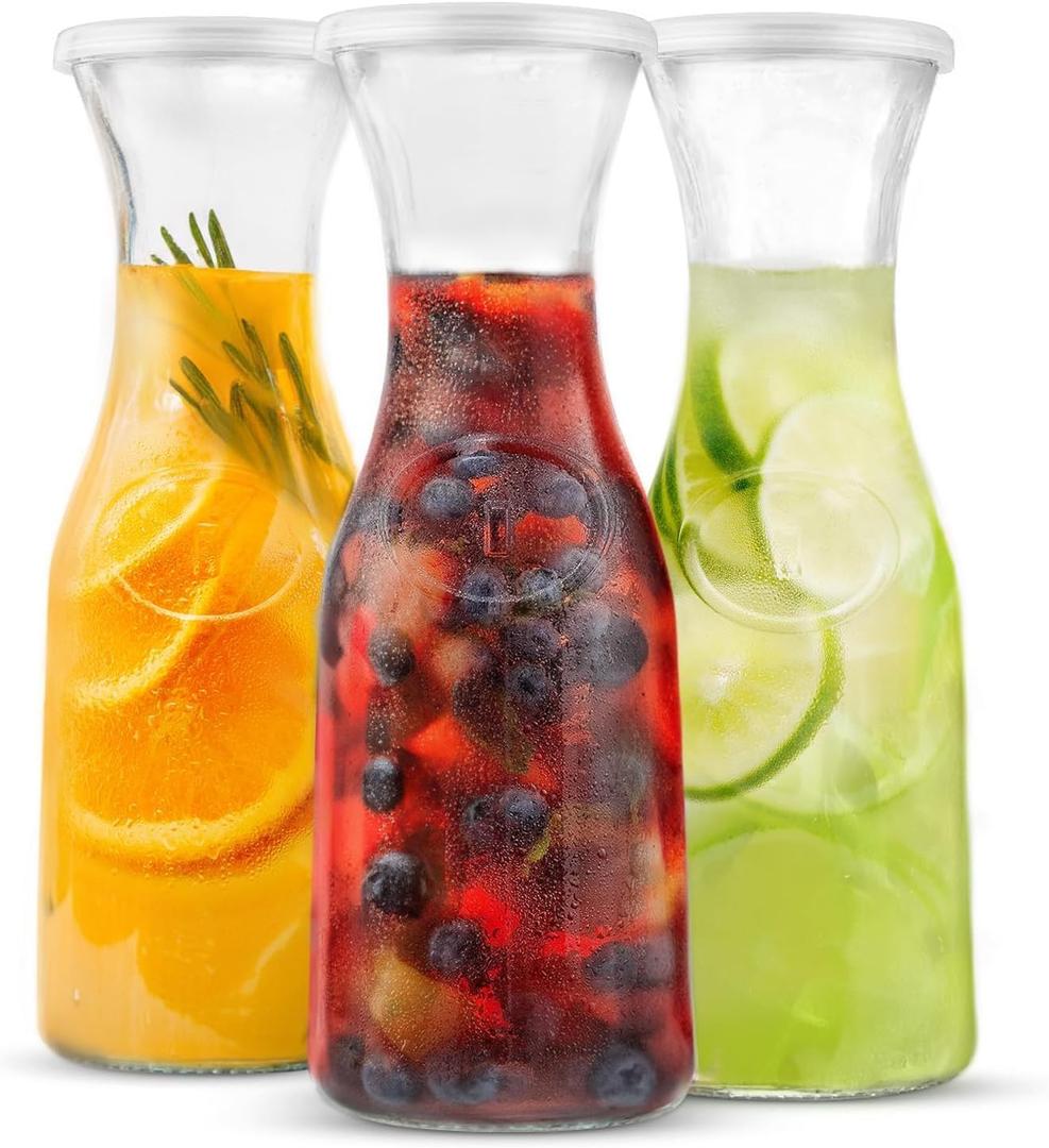 KooK Glass Carafe, Mimosa Bar Supplies, Carafe Pitchers with Lid, Set of 3, Glass Water Pitcher, Drink Dispensers for Parties, Tea, and Juice, Plastic Lids, Dishwasher Safe, 35 oz