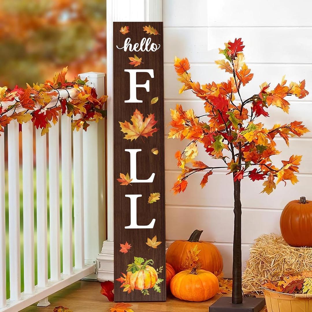Hello Fall Wooden Porch Sign 45.2"H Large fall welcome sign for front porch Autumn Yard door decorations outdoor (Maple Leaf)