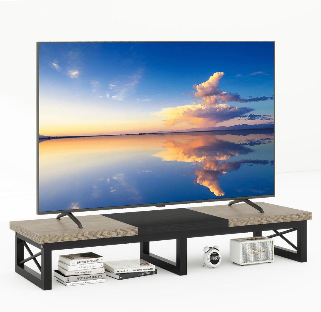 IBUYKE 45" Large TV Riser for 32-60 inch TV,Tabletop Short TV Stand with Storage and Steel Legs,Dual Screen Office Desk,Stand Riser,TV Riser Stand for Home,Bedroom,Living Room,Greige Black TVT002YB