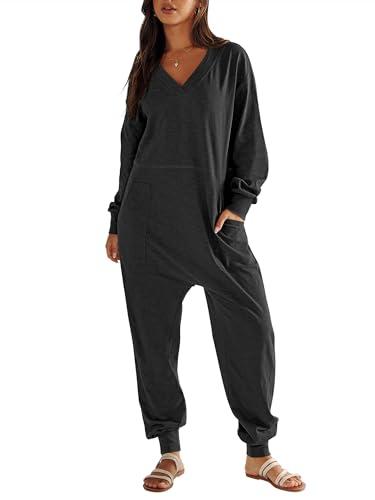 ANRABESS Jumpsuits for Women 2025 Fall Long Sleeve Casual Loose Fit Romper Lounge One Piece Pajamas Outfits Jumper Black, XL