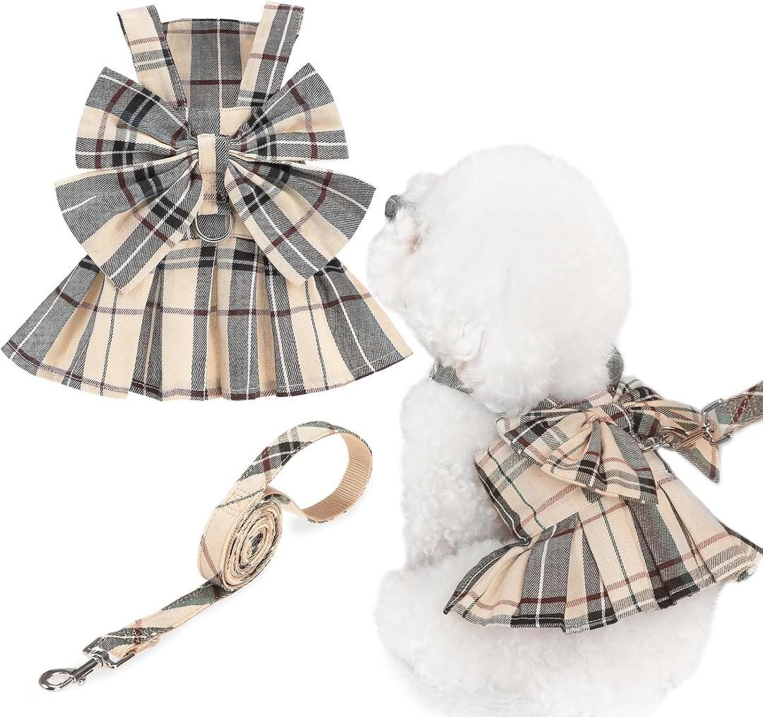 PUPTECK Plaid Dog Dress with Leash - Cute Puppy Harness Clothes for Small Medium Sized Dogs, Outfits for Girl Puppy Wedding Birthday Costume Small