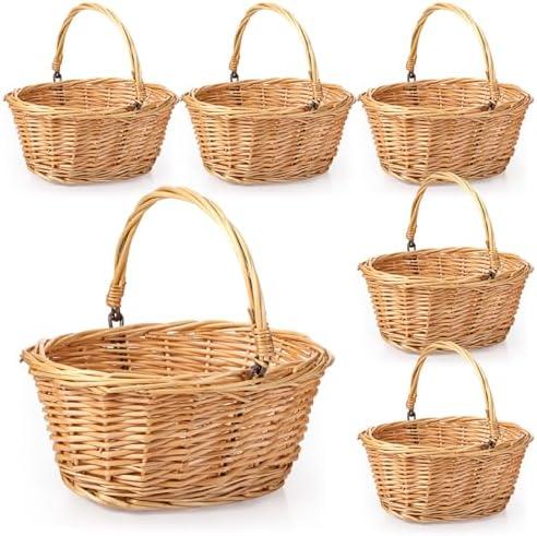 Barydat 6 Pcs Small Wicker Picnic Basket with Handle Flower Girl Baskets Oval Willow Woven Braided Gift Basket for Weddings Baby Shower Summer Home Garden Decor(9" X 7" X 4",Khaki)