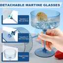 CALBODE 24Pcs Plastic Martini Glasses with Detachable Stems, 10oz Plasitc Ribbed Coupe Glasses Blue Vintage Cocktail Glassware Set Toasting Glasses for Party Wedding Anniversary