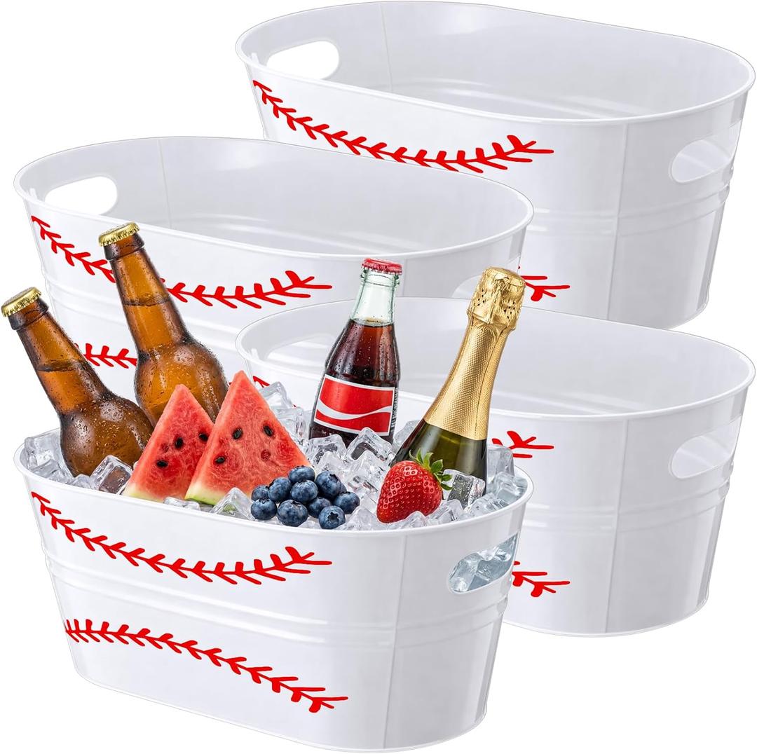 meekoo 4 Pcs 3 Gallon Baseball Galvanized Tub Ice Bucket Large Metal Drink Buckets for Parties Beer Beverage Tub with Carry Handles for Champagne Cocktails Wine Cooling Sport Party Decor Supplies