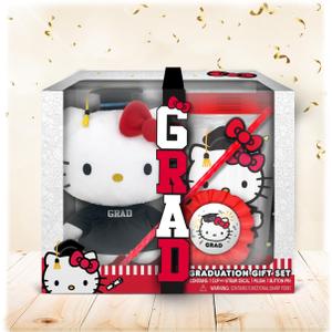 Hello Kitty Graduation Gift Set - Plush Hello Kitty in “Grad” Outfit, Themed Tumbler Cup with Straw, Decorative Ribbon Badge (Officially Licensed Product)