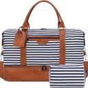Oeihuivt Weekender Bags for Women - 21 Inch Large Travel Duffel Bag 2-Piece Set with Shoe Compartment, Heavy-Duty Canvas Leather Carry On Overnight Tote (Brown-Deep blue stripes)