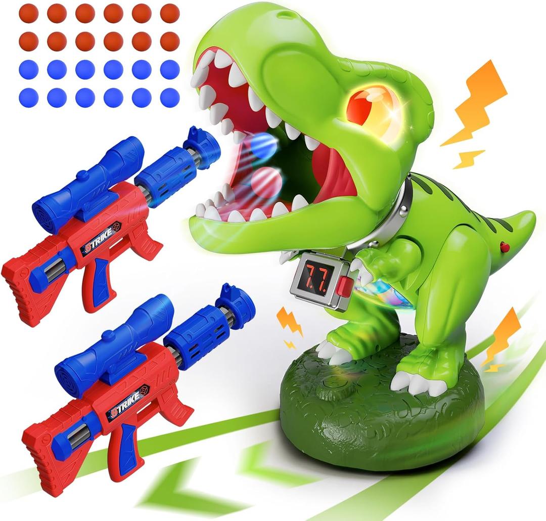 Realistic Dinosaur Moveable Shooting Toys, 2 Pack Launchers with Aiming, Roaring Dino Eyes & Belly Glow, LCD Score Record, Stocking Stuffers for Kids Toys Gifts for Boy Ages 3 4 5 6 7 8 9 10+ Year Old (Green)