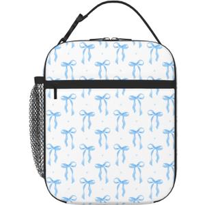 Cute Blue Bow Insulated Lunch Bag,Kids Lunch Box For Girls Boys Teens | Reusable Lightweight Waterproof Large Capacity with Water Bottle Holder Buckle Handle Double Zippers For School Work Picnic