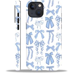 Case for iPhone 15,Durable Drop Protection Shockproof Silicone + Hard PC 2 in 1 Hybrid Protective Cover with Stylish Pattern Design Soft Blue Bow Girl Aesthetic