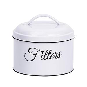 MYSENLAN Coffee Filter Holder, Basket Coffee Filter Holder Storage with Lid, Rustic Round Metal Coffee Filter Dispenser for Counter Kitchen Coffee Bar Décor(White)