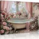 Frimeeme Vintage Pink Bathroom Canvas Wall Art, Pink Roses Bathtub Print, Luxury Floral Bathroom Decor, 12x16 Inches