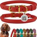 BRONZEDOG Rolled Leather Dog Collar with QR ID Tag, Adjustable Soft Round Collars for Small Medium Large Dogs Puppy (11" - 14 1/26" Neck Size, Blush)