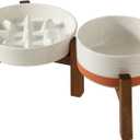 Havniva Ceramic 1.2 Cup Raised Slow Feeder Dog Bowl Set, Elevated 6.1inch Bowl and 7.3inch Slow Feeder Dish with Acacia Wood Stand for Small and Medium Dogs (2 x Vanilla White+ Stand)