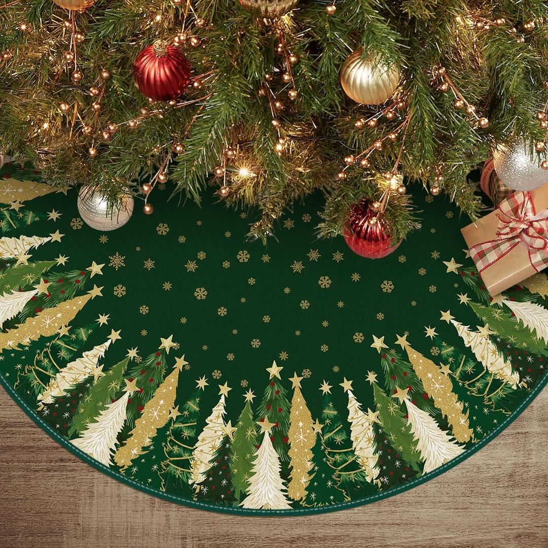AVOIN Colorlife Christmas Star Snowflake Green Christmas Tree Skirt 36 Inch, Evergreen Trees Ornament Winter Holiday Mat Decoration