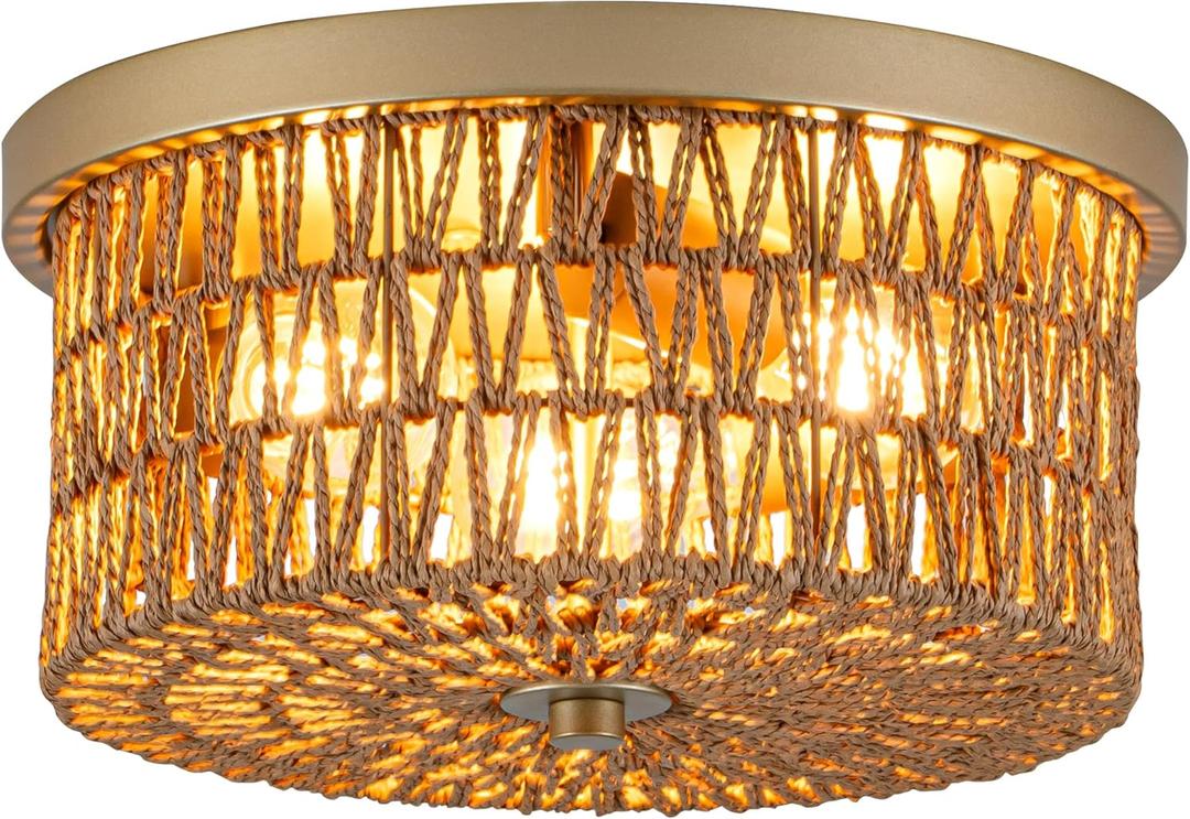 Rattan Ceiling Light, 3 Light Boho Light Fixture, Round Woven Flush Mount Ceiling Light for Entryway, Hallway, Bedroom, Kitchen