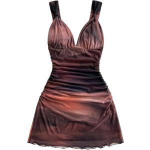 Women's Ruched Mini Dress Retro Vintage Mesh Sleeveless V Neck Fitted Dresses (M)