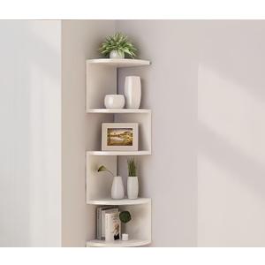 No-Drill Corner Shelf Wall Mount, 5-Tier Floating Corner Bookshelf with Hooks, Space-Saving Zigzag Plant Shelf for Bedroom, Living Room, Bathroom, Home Office (White)
