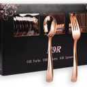 N9R 300PCS Rose Gold Plastic Silverware, Heavy Duty Plastic Cutlery Set, Disposable Rose Gold Utensils Include 100 Forks, 100 Spoons, 100 Knives, Perfect for Party Decorations
