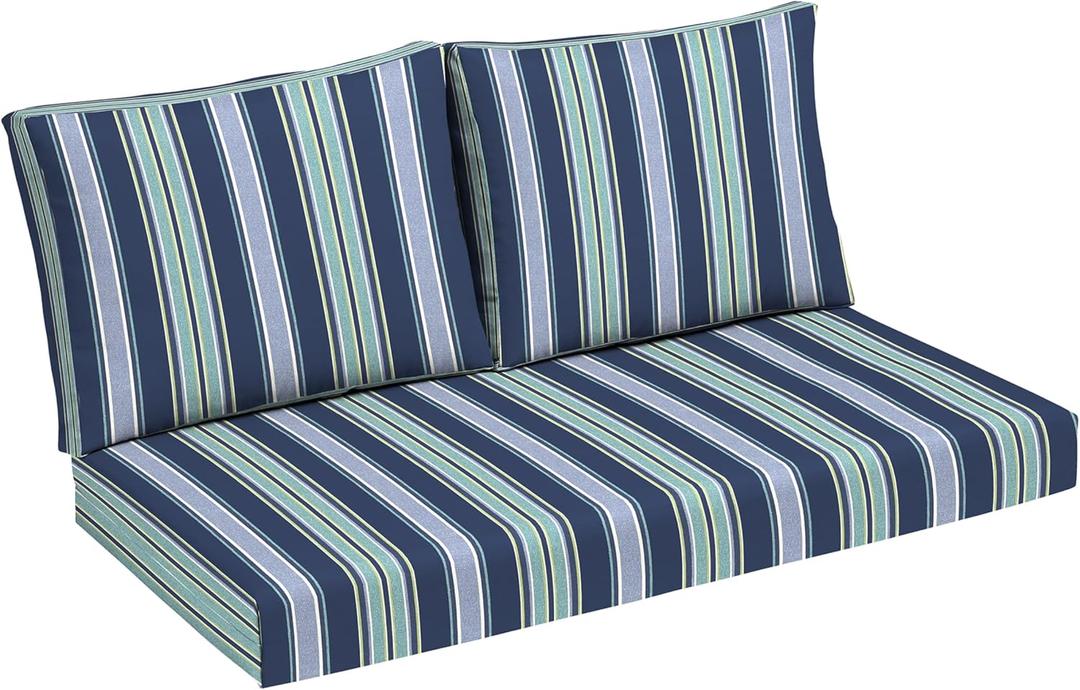 Arden Outdoor Loveseat Cushion Set, 48 x 24, Rain-Proof, Fade Resistant, Cushion Set for Couch, Bench, and Swing Sapphire Aurora Blue Stripe, 18 x 16.5