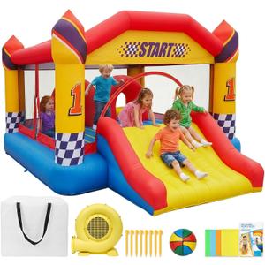 Inflatable Bounce House, Large Racing Theme Bouncy Castle with Slide for Kids 3-12, Fun Central Obstacle with Jumping Area, Basketball Hoop, Outdoor Backyard Party Jump House 15FT*12.5FT*7.3FT