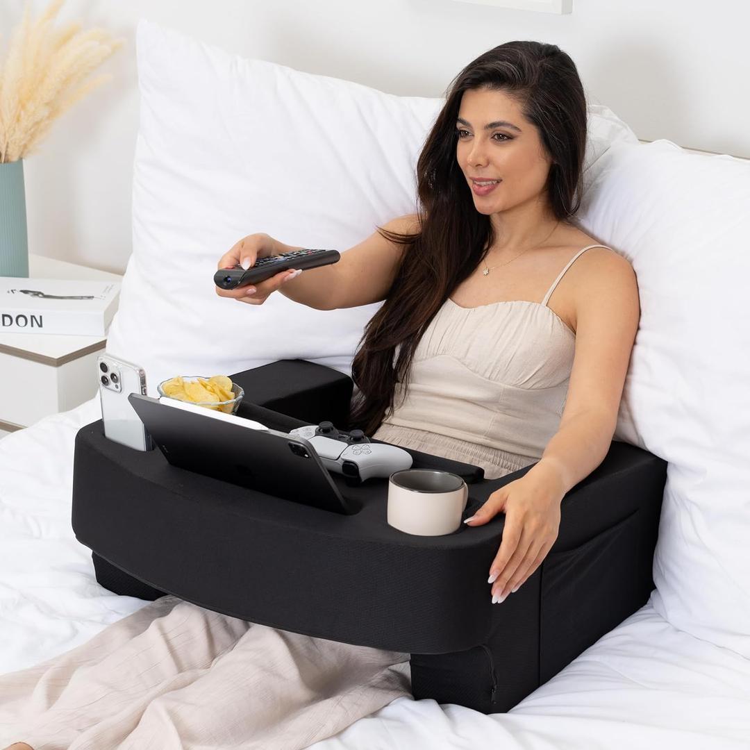 Reading Pillow for Gaming – Extra Large Lap Desk & Arm Rest with Cup & Phone Holder, Adjustable Heights, Laptop Support, Large Pockets – Comfortable for Work, Gaming & Crocheting (Black)