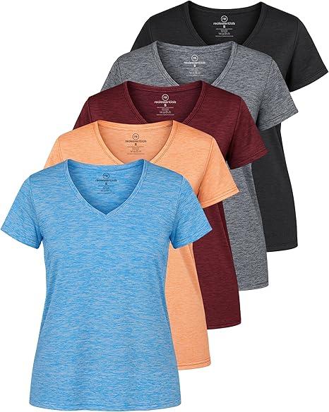 Real Essentials 5 Pack: Women's Dry-Fit Short Sleeve V Neck T Shirt Workout Fitness Yoga Top Tee (Large)