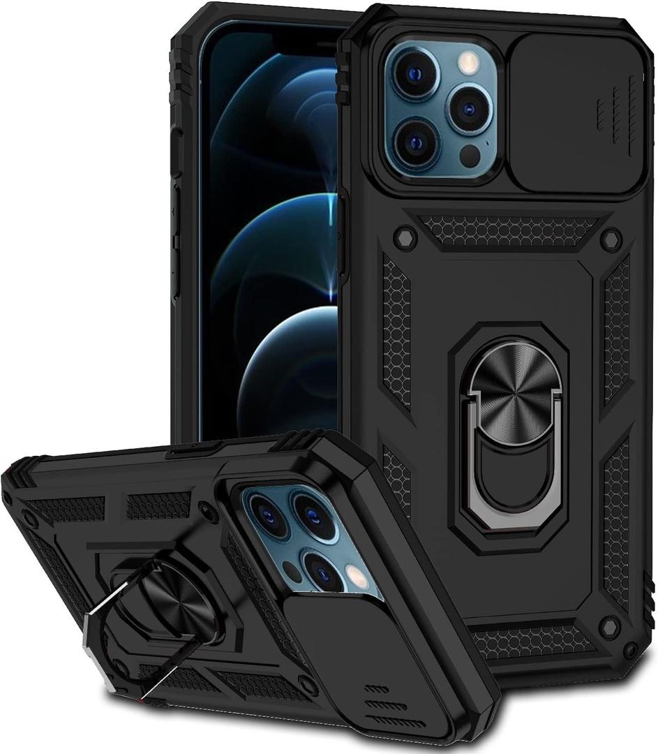 Phone Case for iPhone 12 Pro Max with Camera Lens Cover HD Screen Protector,Military Grade Ring Car Mount Kickstand Hybrid Hard PC Soft TPU Shockproof Protective Black