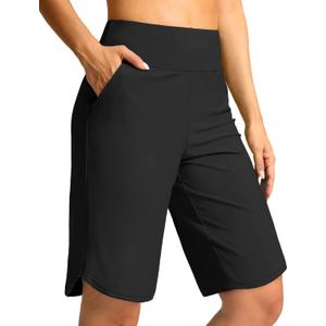 G Gradual Women's High Waisted Swim Board Shorts 11" Knee Length Beach Swimming Long Shorts for Women with Pockets Liner (Medium, Black)