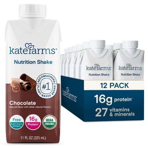 KATE FARMS Organic Nutrition Shake, Chocolate, 16g Protein, 27 Vitamins and Minerals, Meal Replacement Shake, 11 oz (12 Pack) (EXP 01/12/27)