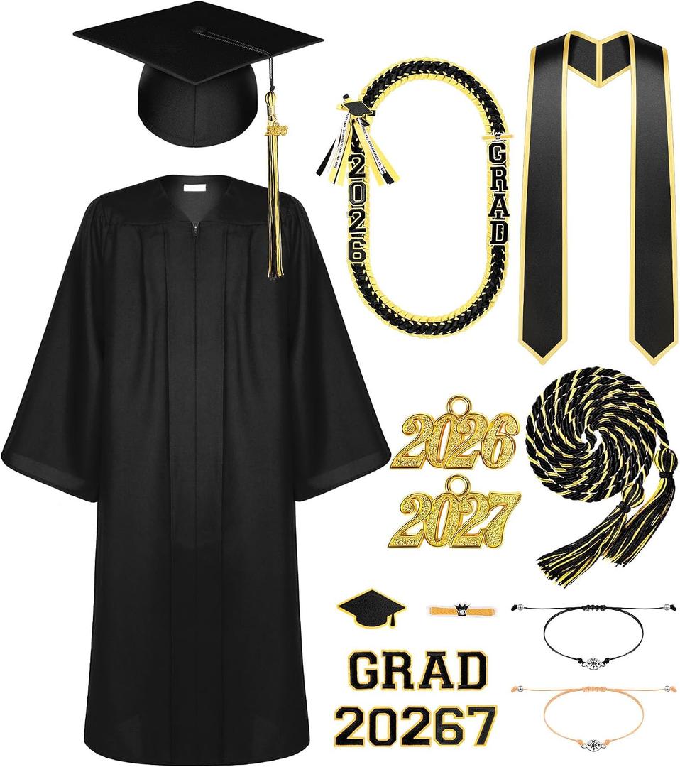 Silicherry Matte Graduation Gown Cap Tassel Set with 2024 Tassel Stole Graduation Lei Bracelet for High School and Bachelor (Black, Size 51)