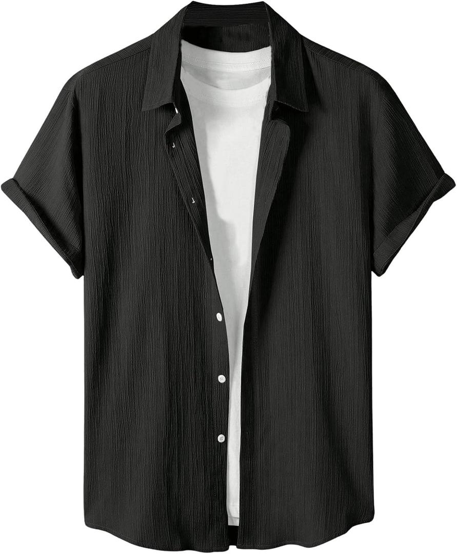 OYOANGLE Men's Textured Short Sleeve Button Down Shirts Basic Work Casual Collared Shirt Tops (Black)