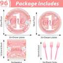 96 Pcs Girl 1st Party Supplies Pink One Year Old Paper Plates Baby Girl 1st Birthday Decoration Pink DisposableTableware Set Bridal Shower Birthday Party Paper Plate Napkin Fork 24 Guests
