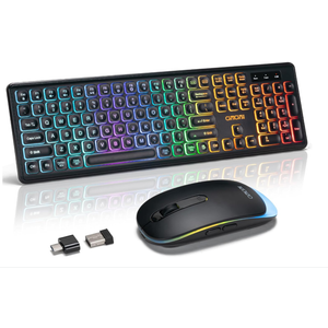 Wireless Keyboard and Mouse Combo, Rechargeable Rainbow LED Light Up Keyboard and Mouse 2.4GHz Quiet Mouse and Keyboard for Mac, Windows, Laptop, PC Xbox PS4 PS5 (Office/Gaming) (Wireless)