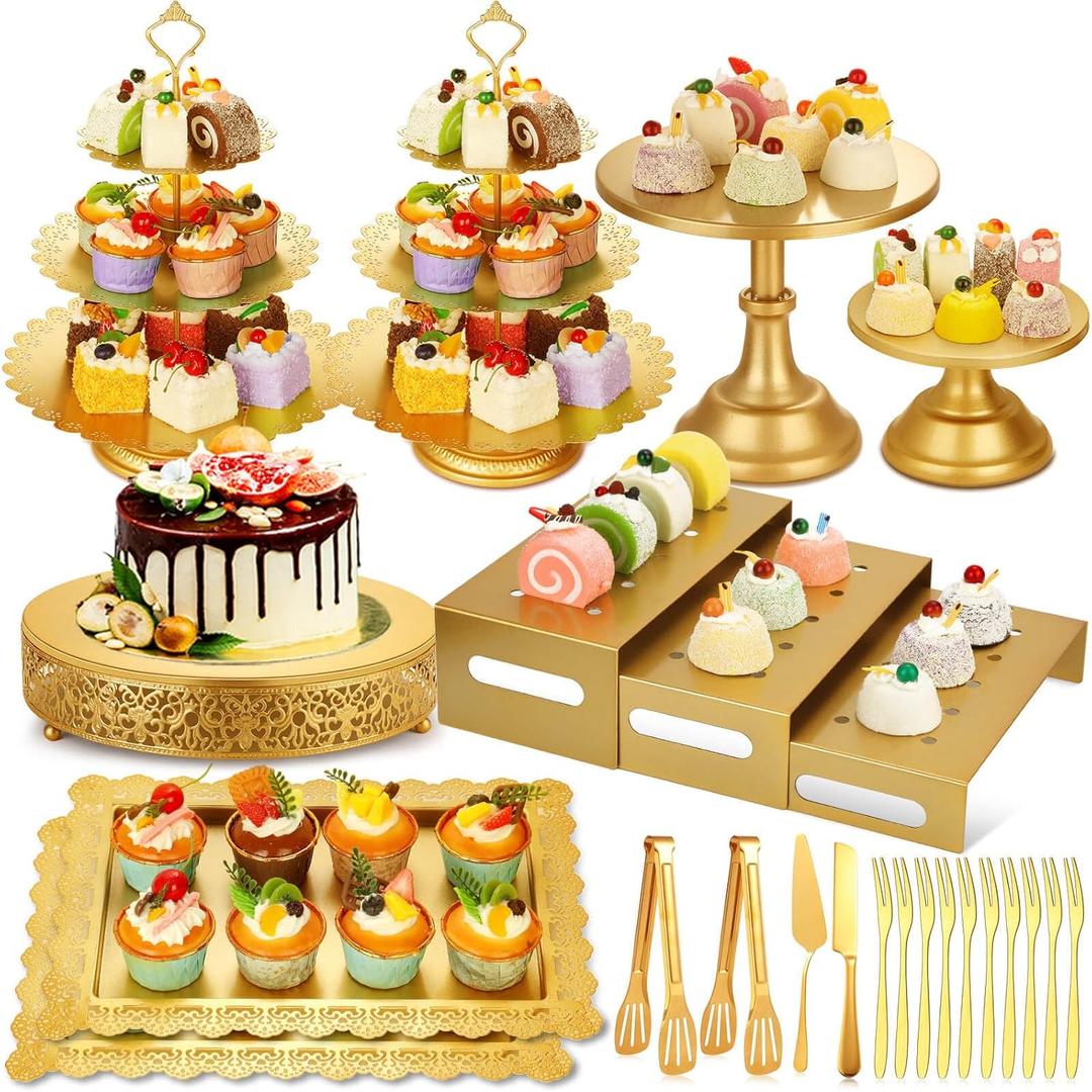 Audab Metal Gold Dessert Table Display Set Including Cake Stands, Cupcake Tower Stand, Dessert Tray, Risers Stands, Cake Cutting Set and Serving Tongs for Wedding, Birthday Party Decor