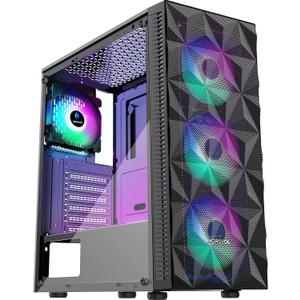 PC Case Pre-Install 4 RGB Fans, ATX Gaming Computer Case with Diamond-Shaped Mesh Front & Tempered Glass Side Panel, USB 3.0 Airflow Mid Tower case,621