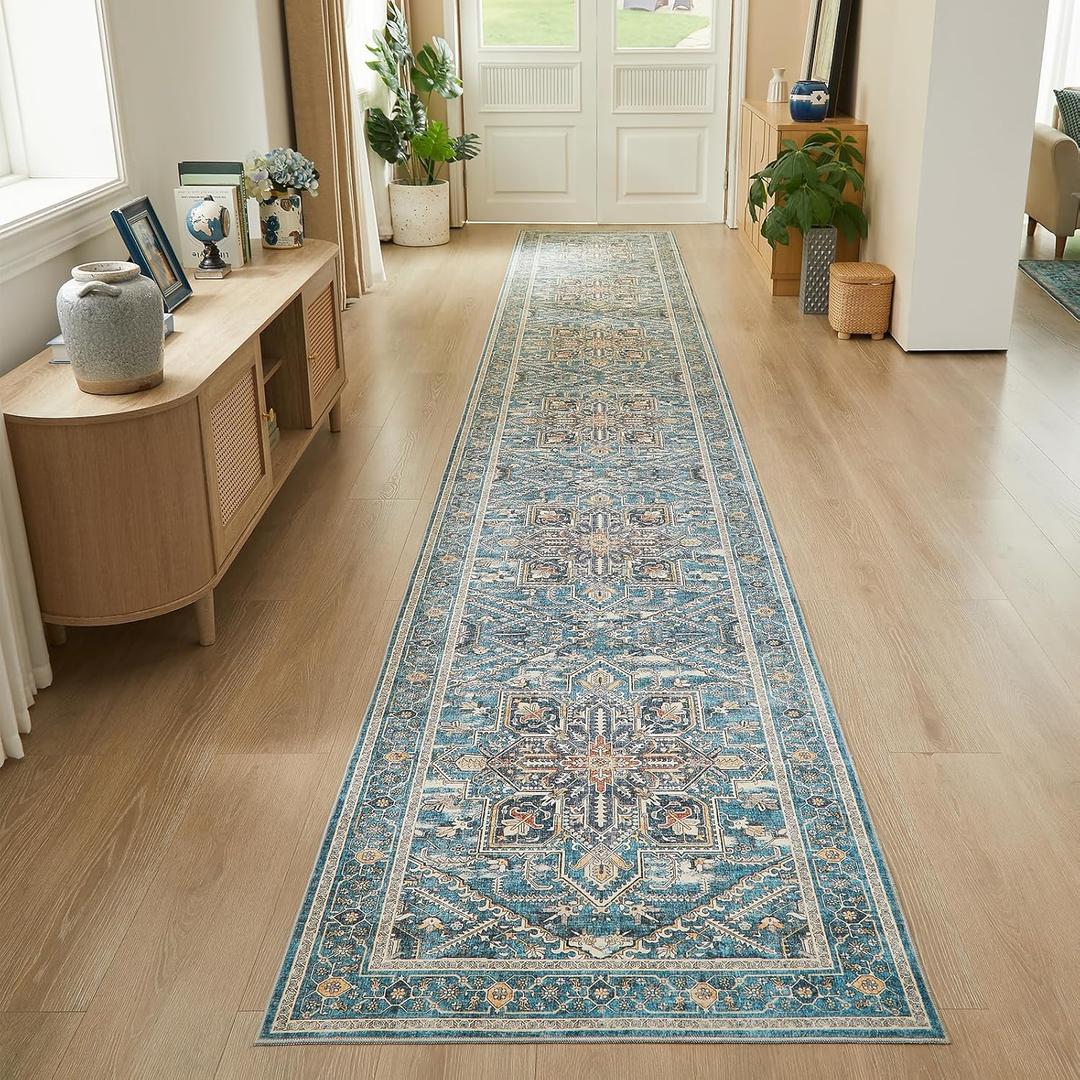 WITSHOCK 3x20 Extra Long Runner Rug for Hallway: Washable Boho Low Pile Stain Resistant Foldable Floor Carpet for Bedroom Entryway Bathroom Kitchen, Neutral Distressed Farmhouse Rug, Grey, 36x240 (Dull Teal)