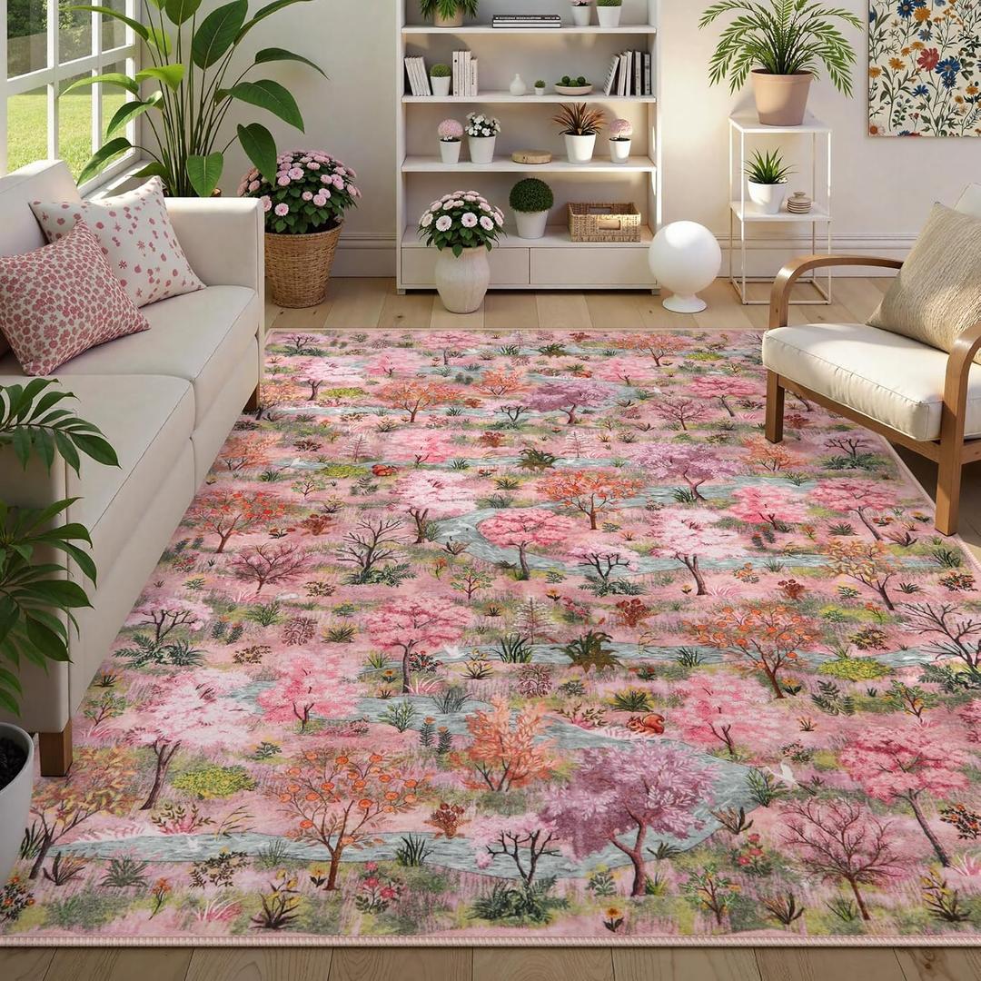 Wonnitar Forest Print Pink Rug for Bedroom, Soft Washable Rugs 5x7, Ultra-Thin Non Slip Boho Pink and Green Woodland Nursery Carpet for Living Room, Dorm, Kids Playroom