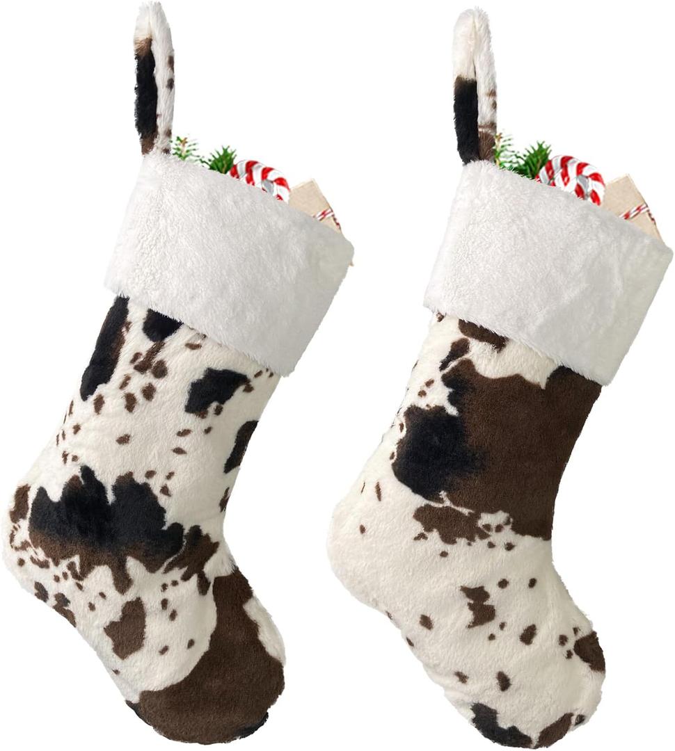 2 Pack Plush Christmas Stockings Cow Print with White Cuff Large 20" Faux Fur Farmhouse Christmas Hanging Stockings for Xmas Holiday Fireplace Decorations