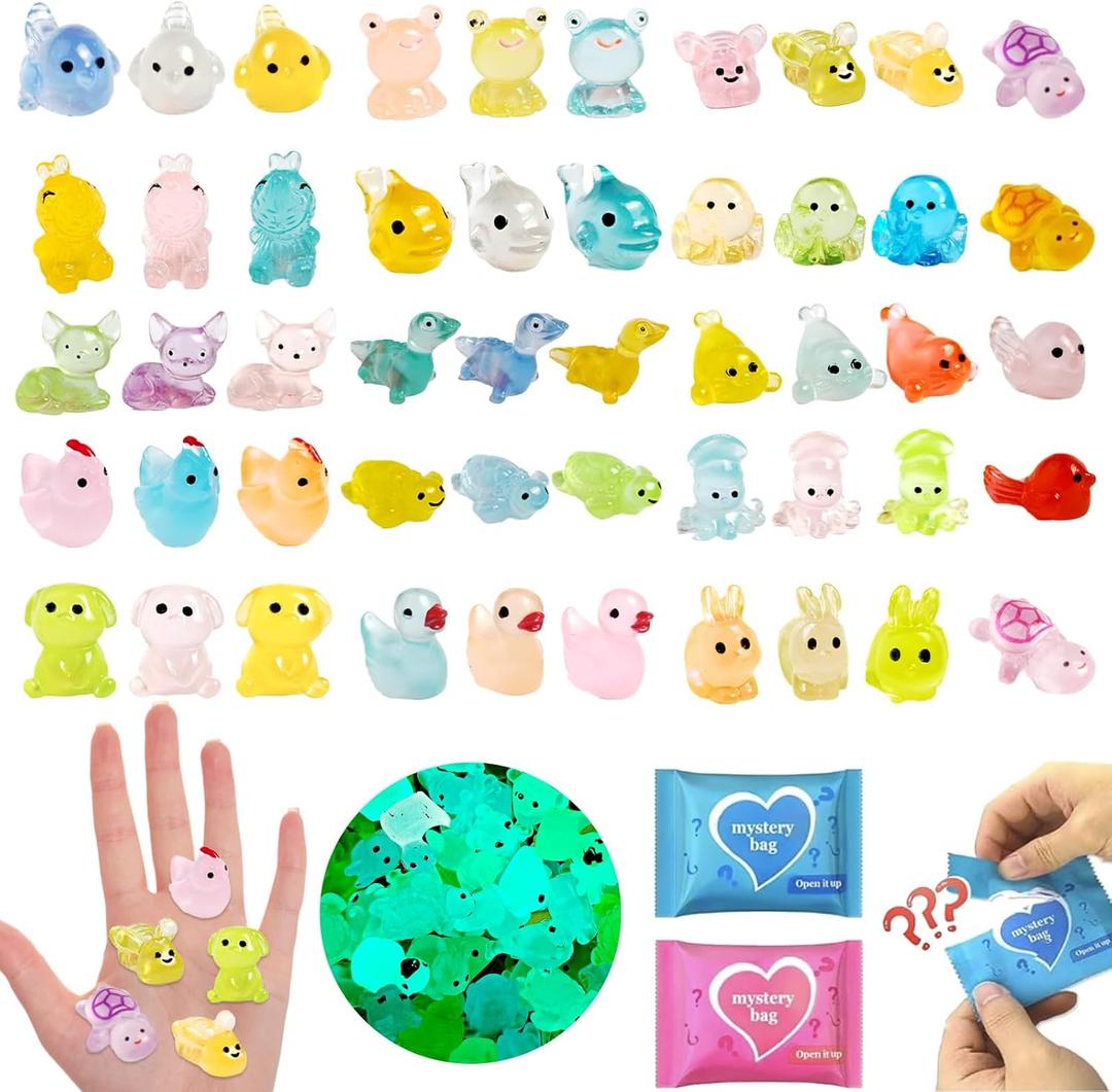 100 Pcs Blind Bags Mystery Mini Resin Animals Glow in The Dark Figurines, Mini Figures Mystery Bag for DIY Crafts, Fairy Garden Decor, Dollhouse Accessories, Party Favors, for Kids
