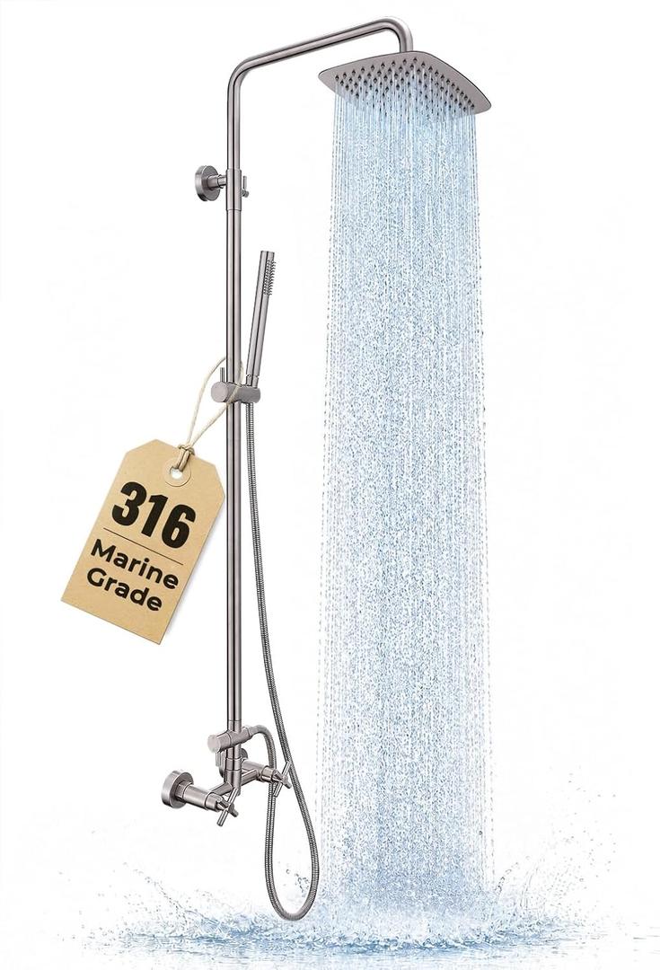 G-Promise 316 Marine Grade Stainless Steel Outdoor Shower Kit - Includes 10" Rain Shower Head & Handheld Spray, Wall Mounted, Maximum Corrosion Resistant for Poolside, Backyard, Coastal Homes