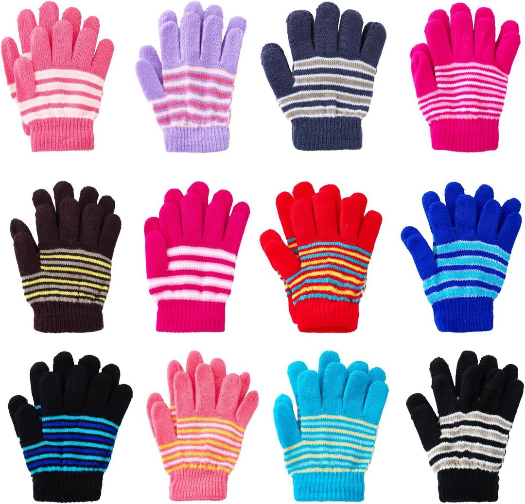 12 Pairs Kids Gloves Winter Toddlers Knit Gloves Warm Stretchy Glove Bulk Pack for Boys Girls Cold Weather (4-8 Years, Multicolor)