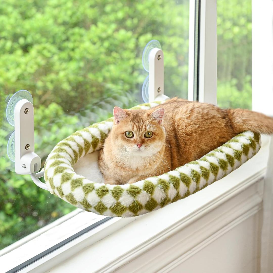 Zoratoo Cat Window Perch with Bolster, Cordless Foldable Cat Window Hammock with Strong Suction Cups & Metal Frame, Machine Washable Pet Bed for Indoor Cats (Green, Medium)