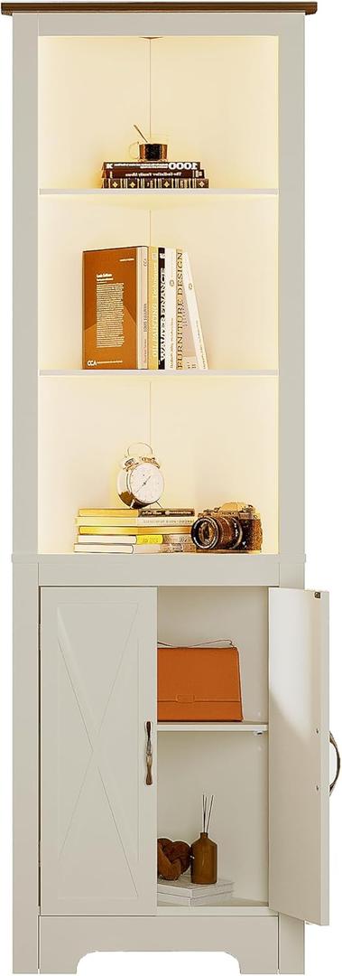 ChooChoo Farmhouse Corner Storage Cabinet with LED Lights, 5-Tier Bookshelf Stand with Barn Doors, 66.9" Gothic Corner Display Cabinet with Adjustable Shelf for Living Room, Farmhouse White