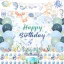 59 Pcs Ocean Sea Animals Themed Birthday Party Supplies, Includes Backdrop, Banner, Balloons, Cake & Cupcake Toppers in Blue & Green