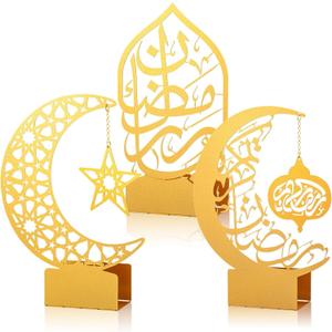 Photect 3 Pack Ramadan Decorations for Home Golden Moon Eid Mubarak Decoration Ramadan Candlestick Holder Metal Kareem Signs for Islamic Muslim Table Centerpiece Indoor Decor Allah Gifts