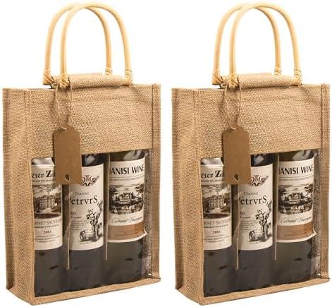 DIWNELEM 2 Pack Burlap Gift Bags with Window - Jute Wine Bags for Wedding, Parties, Birthdays, Christmas & Holidays