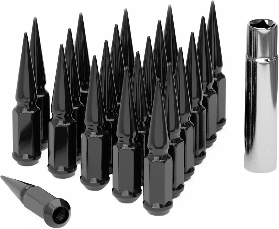 TIROL Black 24pcs M14X1.5 Spike Lug Nuts, Compatible with 07-17 Sequoia/Tundra, 95-17 Silverado/Sierra 1500, 12-17 Ram 1500/Grand Cherokee, One-Piece Design Factory Acorn Wheel Nuts with Socket Key