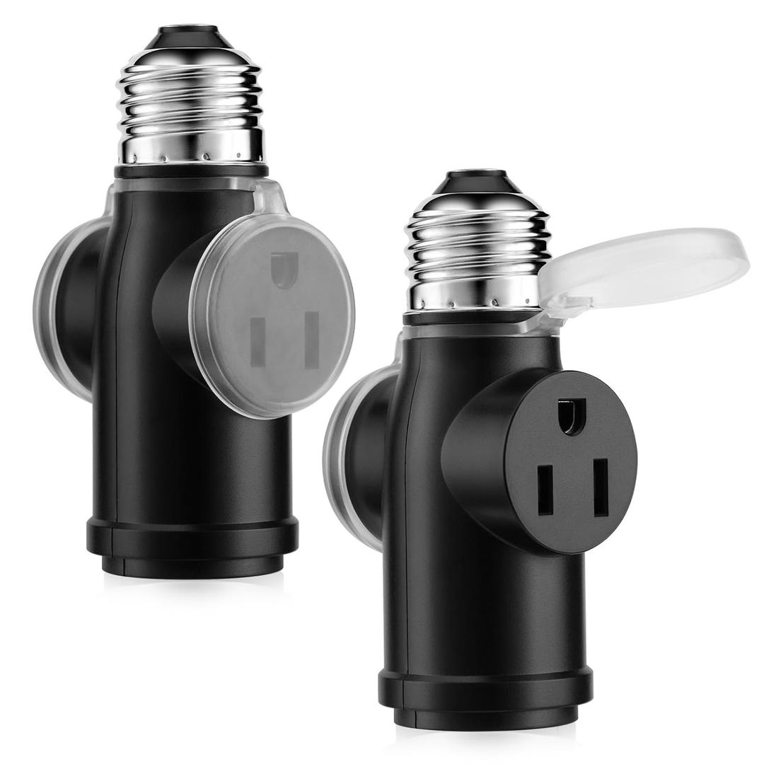 Onite 2-Pack Light Socket Outlet Adapter  Convert E26 Socket to 3-Prong Plug Outlet with Bulb Socket Kept, Dust-Proof Cover, Flame Retardant PBT, Indoor & Outdoor Use, Black