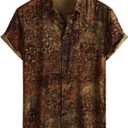 Mens Hawaiian Shirt Short Sleeve Button Down Tropical Shirts Casual Floral Summer Beach Shirt (Large, Brown)